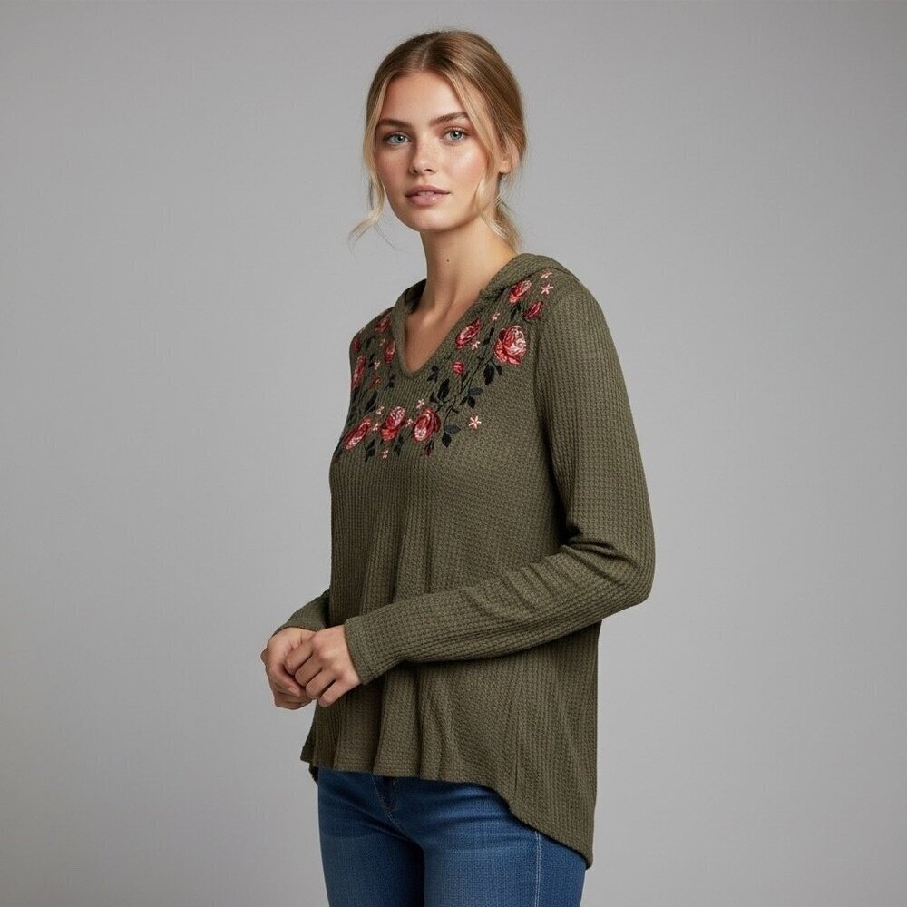 Anthropologie Olive Green Embroidered Floral Waffle Knit Hoodie Size Small